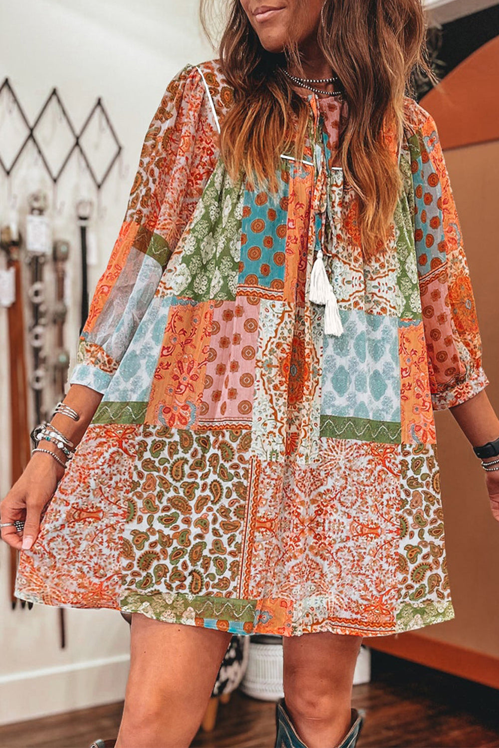 Orange Boho Paisley Mixed Print 3/4 Sleeve Chiffon Loose Dress Mssaz Desses