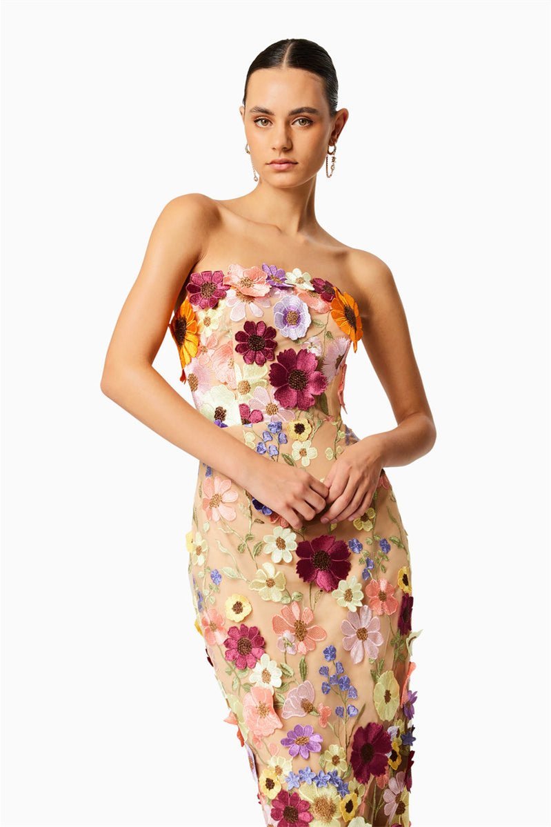Belle Embroidered Floral Strapless Midi Dress Mssaz Desses