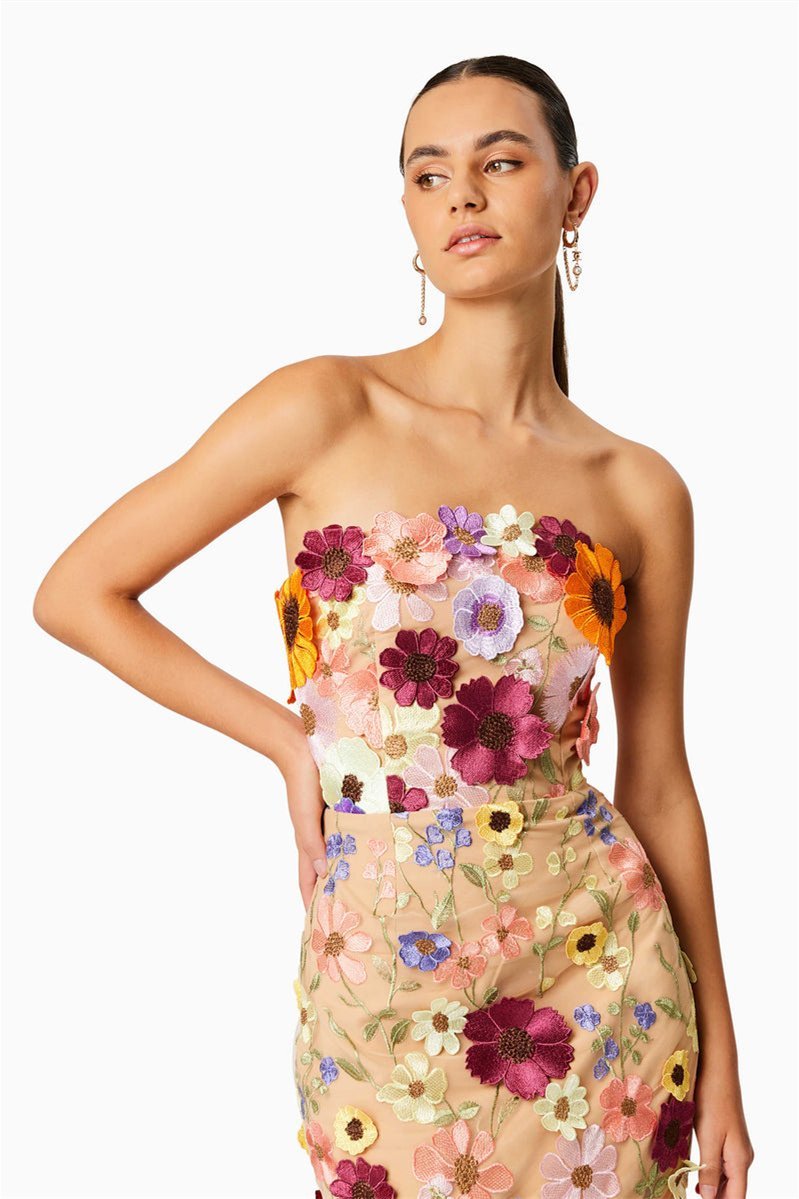 Belle Embroidered Floral Strapless Midi Dress Mssaz Desses