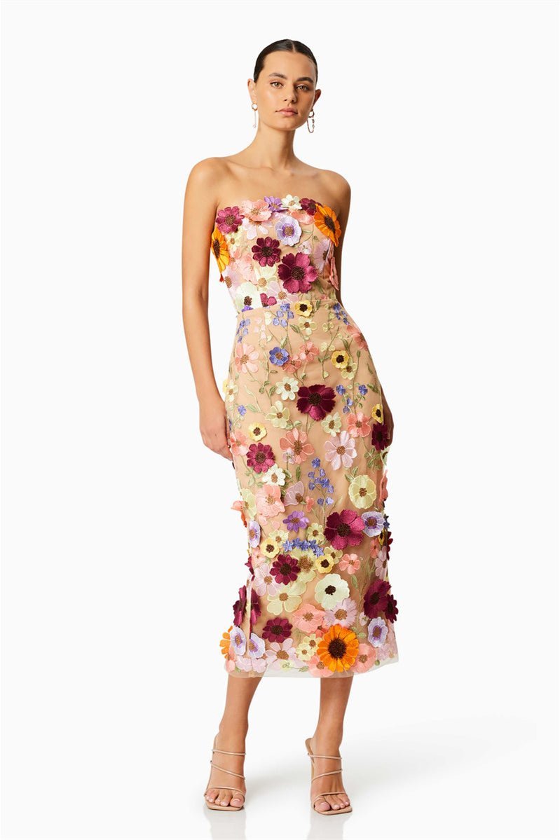 Belle Embroidered Floral Strapless Midi Dress Mssaz Desses
