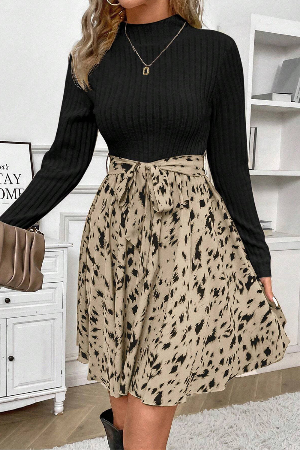 Black Ribbed Knit Patchwork Printed Belted A-line Dress Mssaz Desses