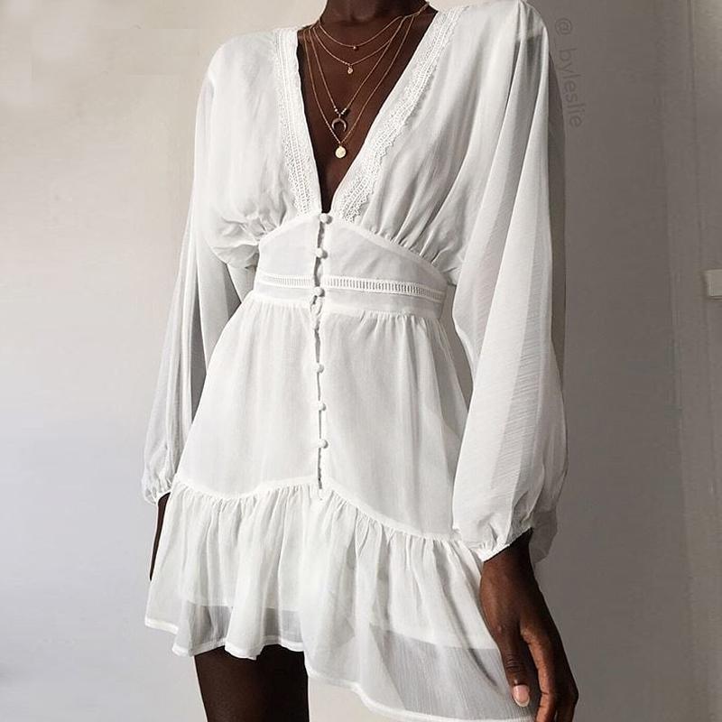 V Neck Spring  Dress Lace Long Sleeve Mini Party Dress Mssaz Desses