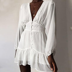 V Neck Spring  Dress Lace Long Sleeve Mini Party Dress Mssaz Desses