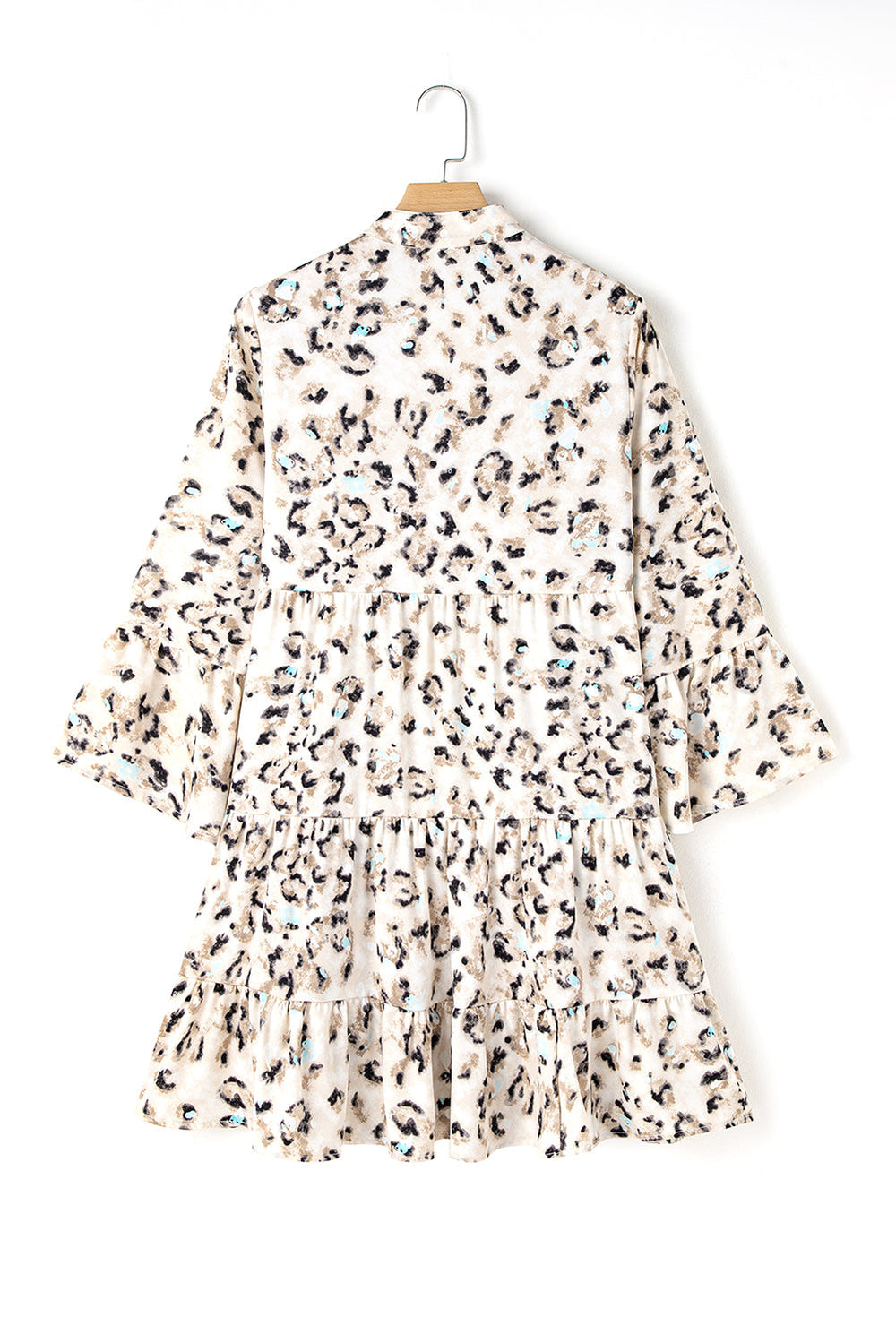 Khaki Leopard Print Buttoned Front 3/4 Sleeve Tiered Ruffled Hem Dress Mssaz Desses