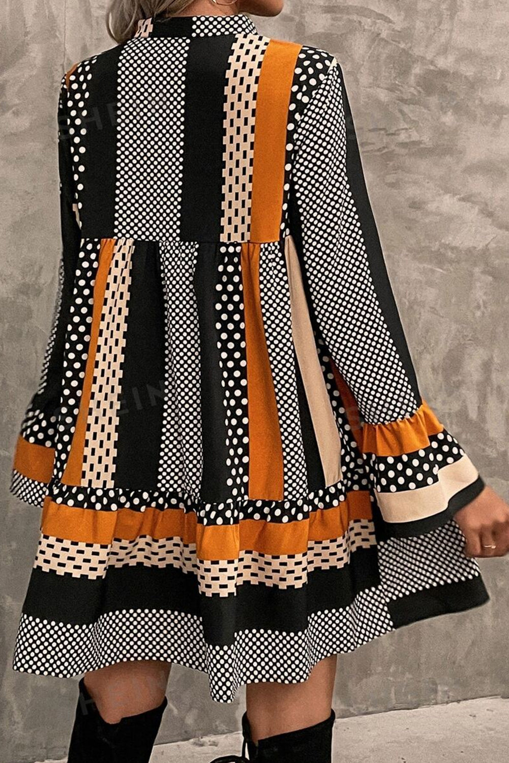 Black Striped Polka Dot Print Ruffled Hem V Neck Mini Dress Mssaz Desses