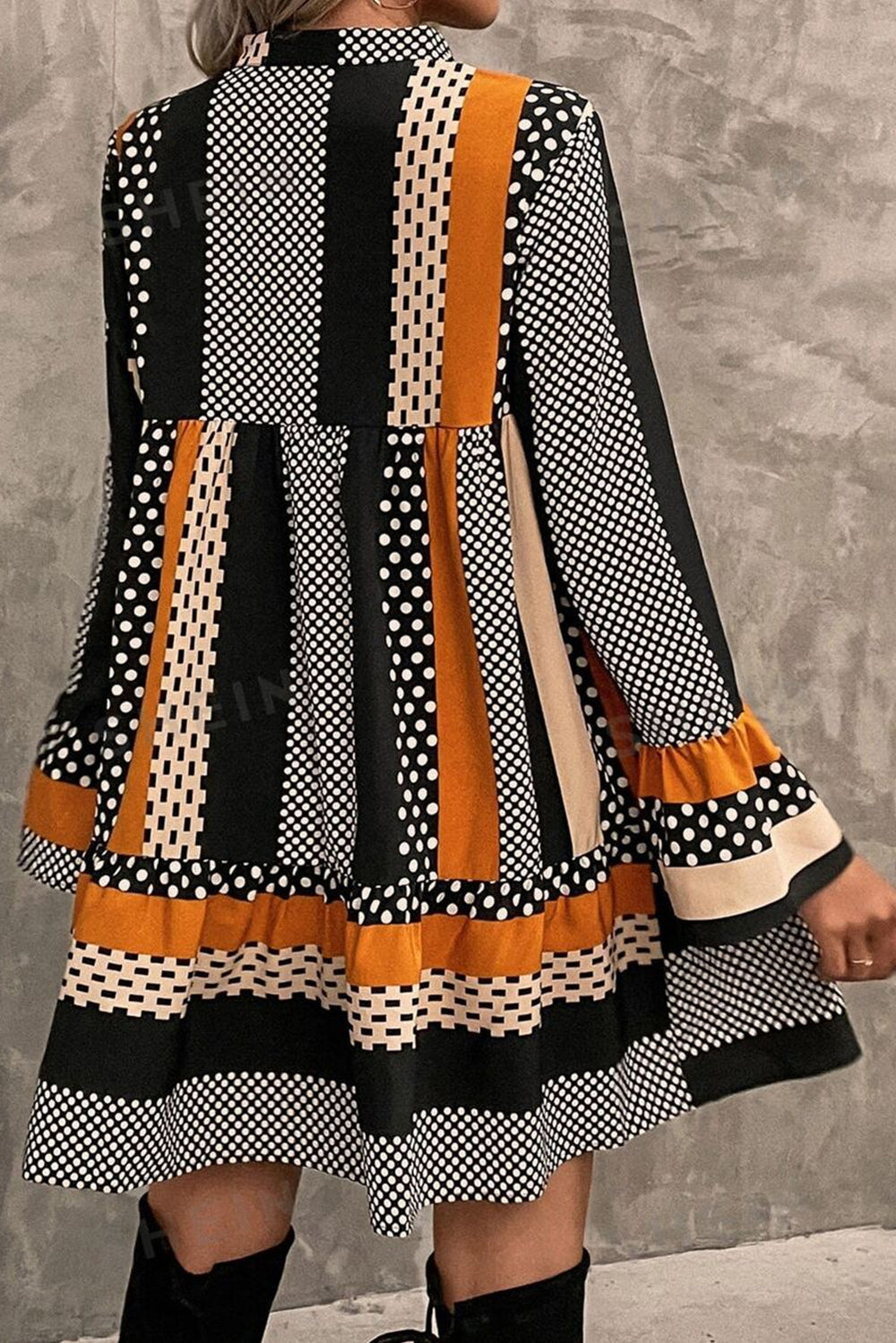 Black Striped Polka Dot Print Ruffled Hem V Neck Mini Dress Mssaz Desses