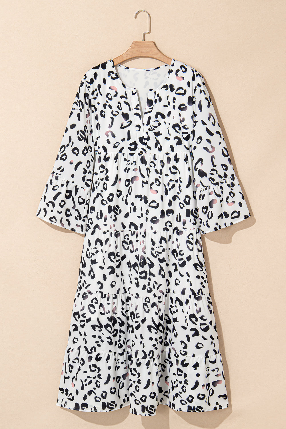 White Leopard Print Notch V Neck Loose Fit Maxi Dress Mssaz Desses