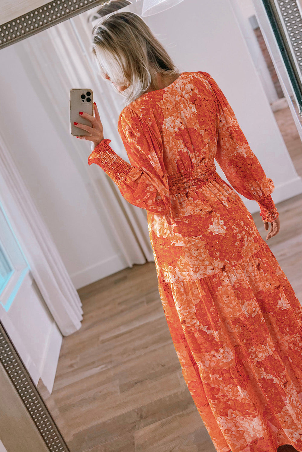 Orange Boho Floral Bishop Sleeve V Neck Tiered Maxi Dress Mssaz Desses