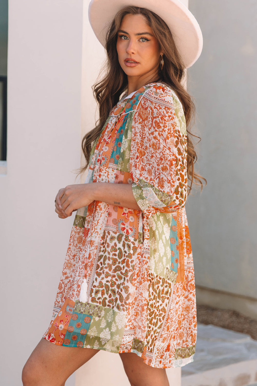 Orange Boho Paisley Mixed Print 3/4 Sleeve Chiffon Loose Dress Mssaz Desses