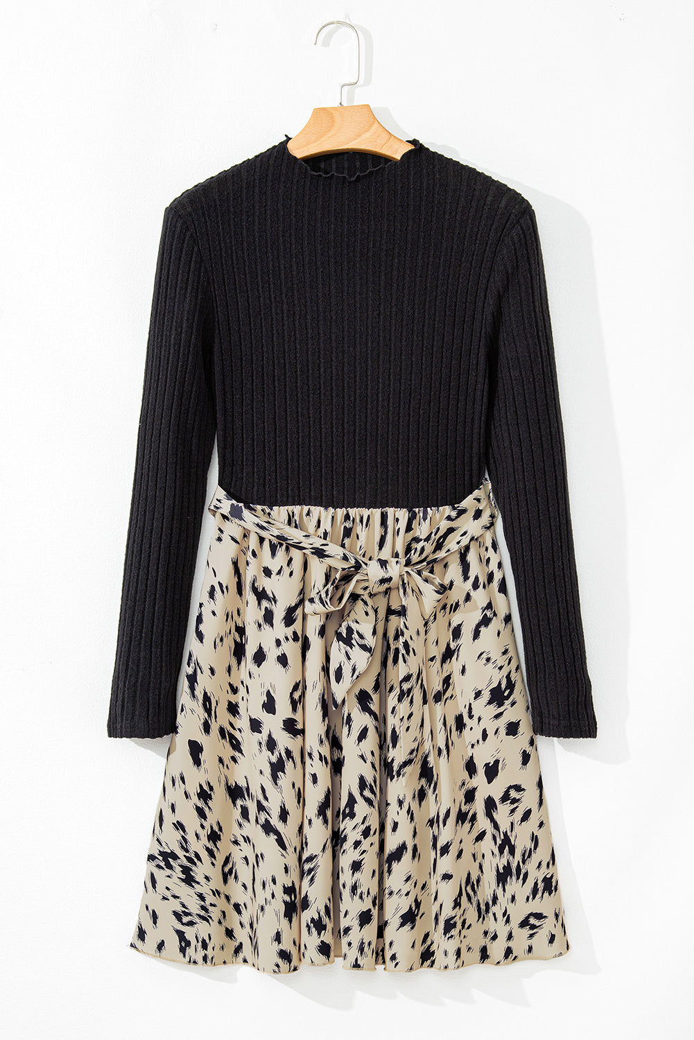 Black Ribbed Knit Patchwork Printed Belted A-line Dress Mssaz Desses