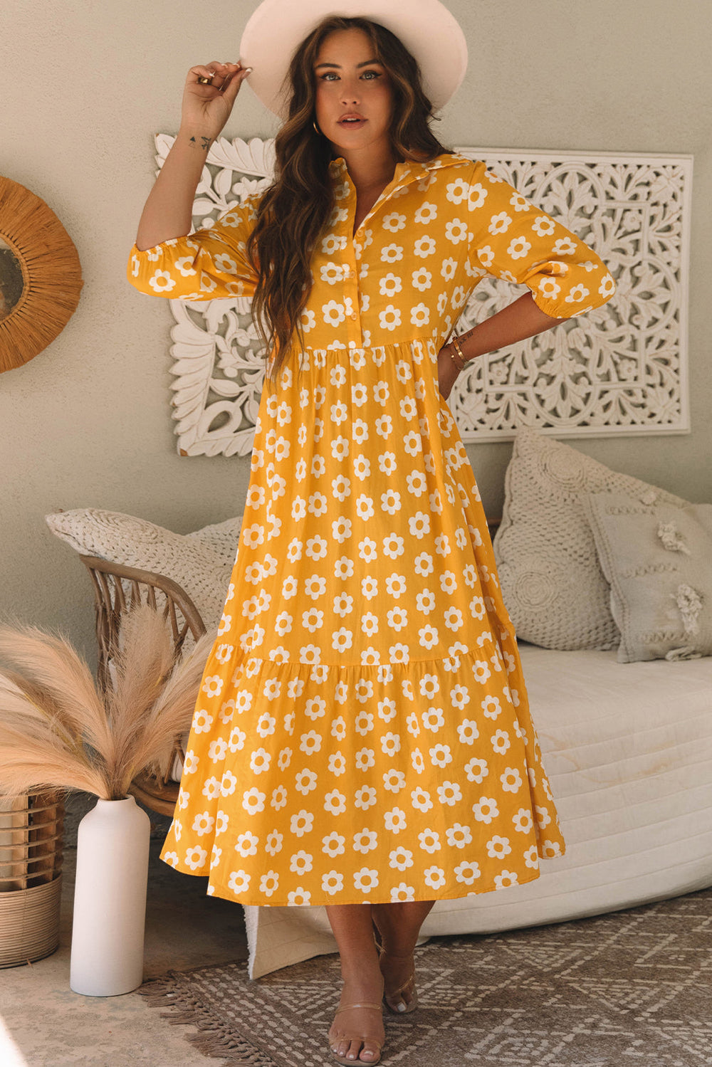 Yellow Flower Print Bracelet Sleeve Buttons Collared Maxi Dress Mssaz Desses