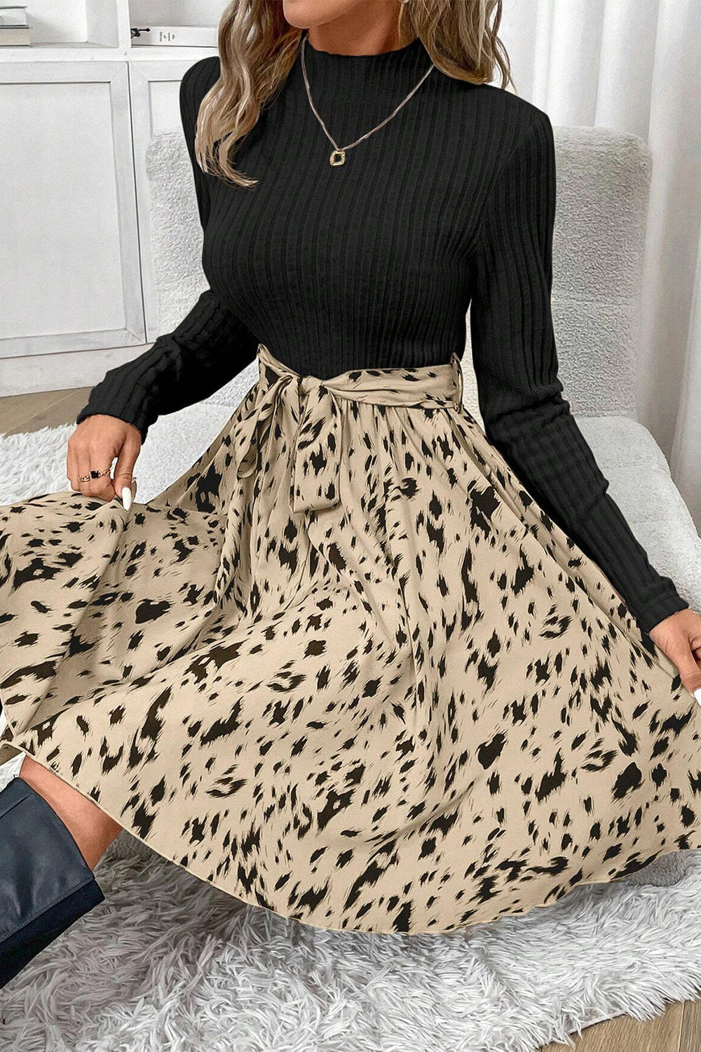 Black Ribbed Knit Patchwork Printed Belted A-line Dress Mssaz Desses