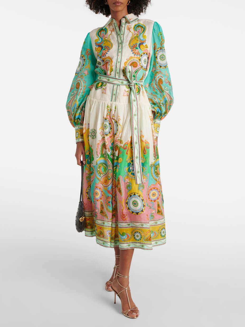 Unique Exquisite Print Puff Sleeve Tie Midi Dress Mssaz Desses
