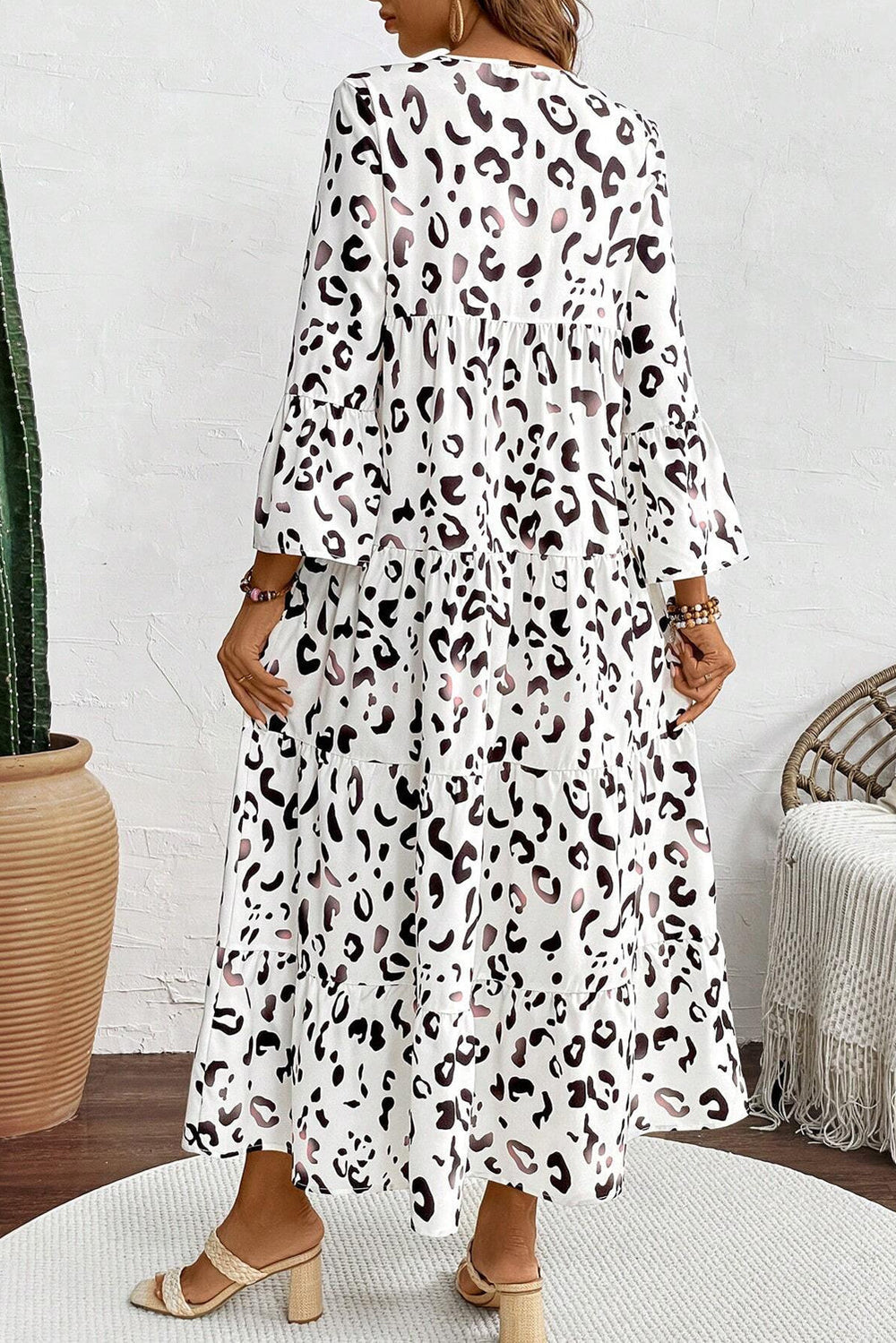 White Leopard Print Notch V Neck Loose Fit Maxi Dress Mssaz Desses