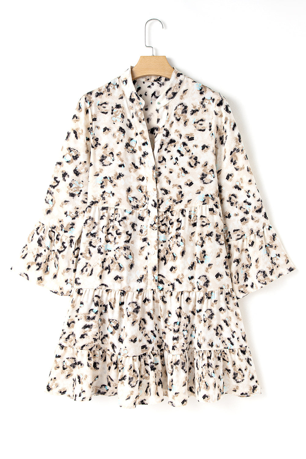 Khaki Leopard Print Buttoned Front 3/4 Sleeve Tiered Ruffled Hem Dress Mssaz Desses