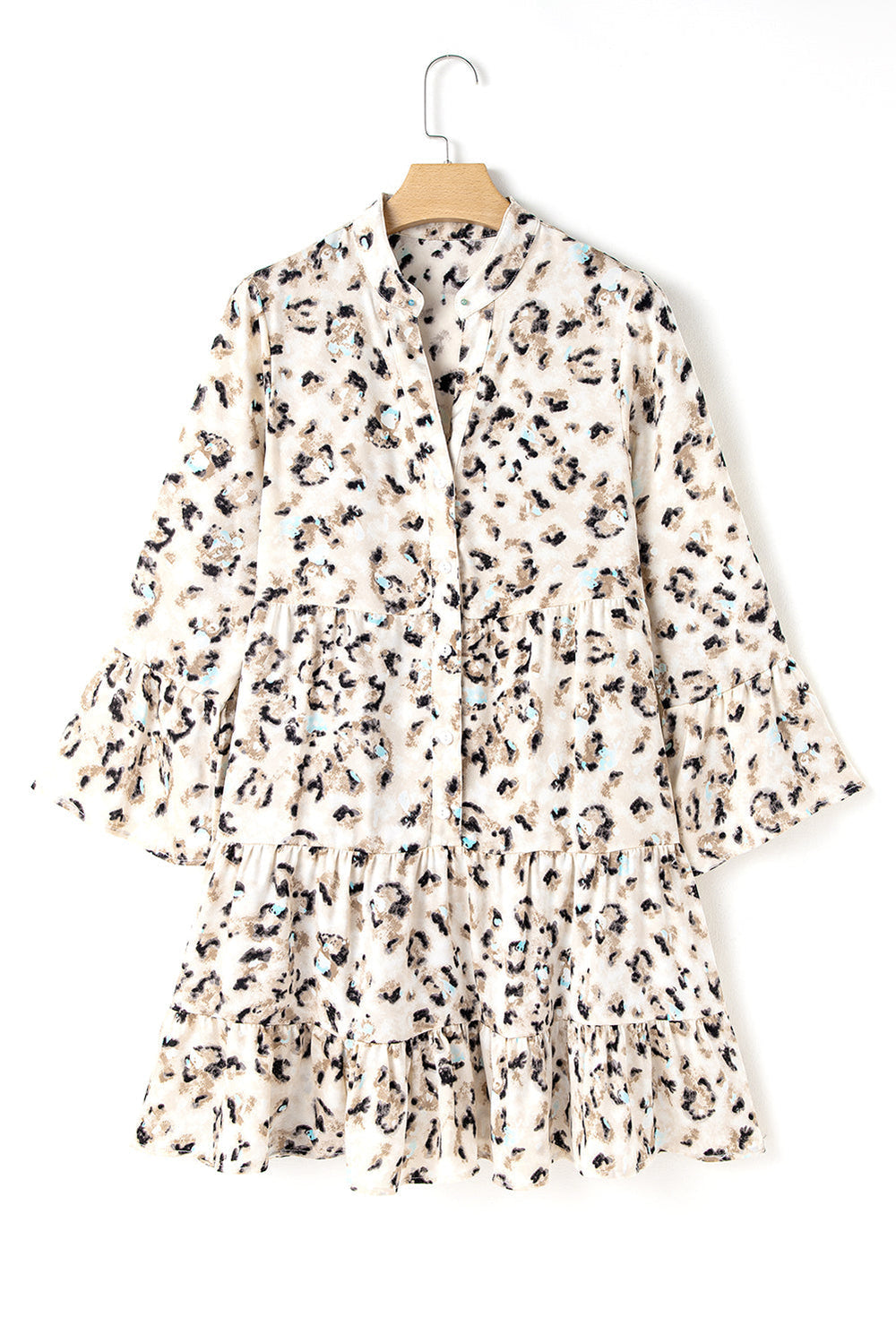 Khaki Leopard Print Buttoned Front 3/4 Sleeve Tiered Ruffled Hem Dress Mssaz Desses