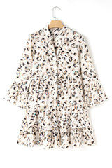 Khaki Leopard Print Buttoned Front 3/4 Sleeve Tiered Ruffled Hem Dress Mssaz Desses