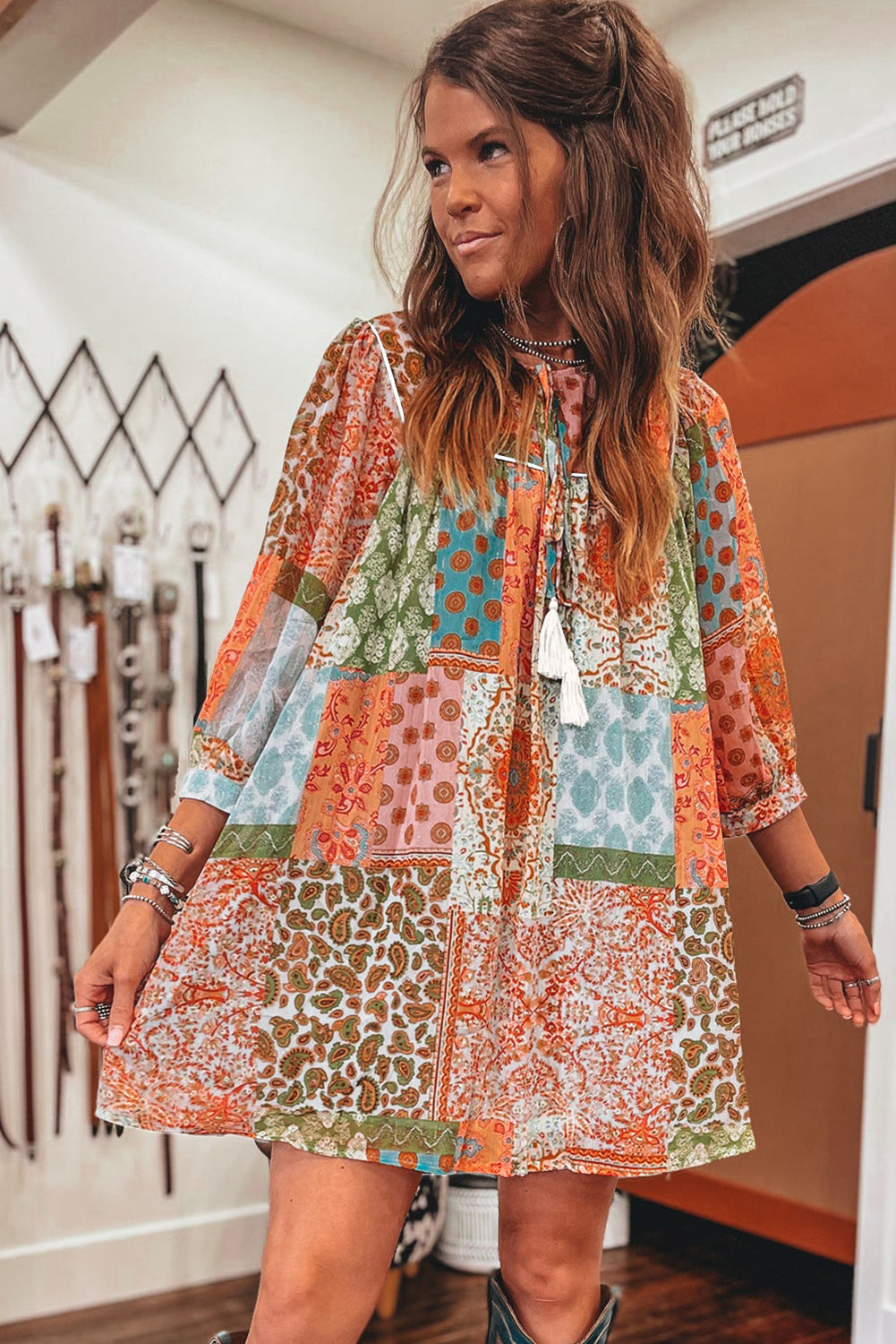 Orange Boho Paisley Mixed Print 3/4 Sleeve Chiffon Loose Dress Mssaz Desses