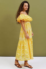 Dolly Embroidered Lace Off-shoulder A-line Flare Midi Dress Mssaz Desses