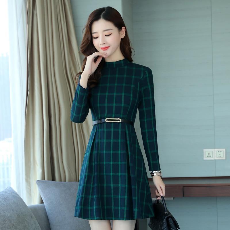 dress autumn outfit plaid print long sleeve o neck belted outfit Mssaz Desses