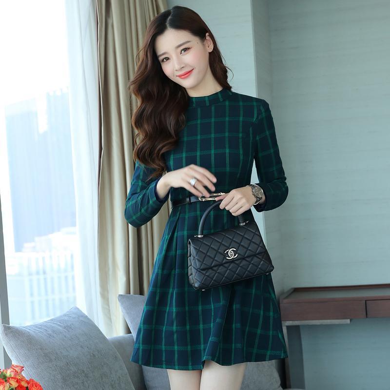 dress autumn outfit plaid print long sleeve o neck belted outfit Mssaz Desses