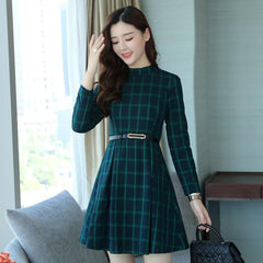 dress autumn outfit plaid print long sleeve o neck belted outfit Mssaz Desses