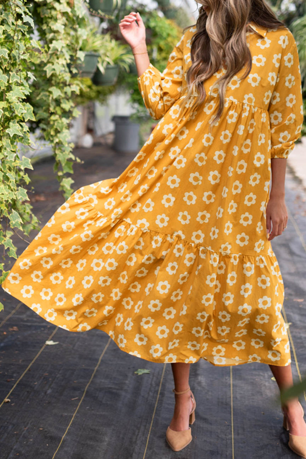 Yellow Flower Print Bracelet Sleeve Buttons Collared Maxi Dress Mssaz Desses