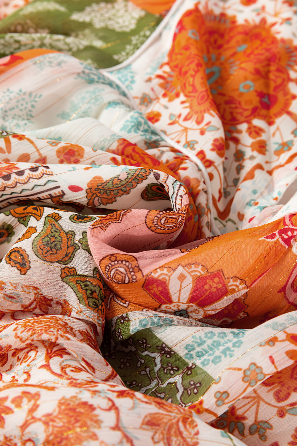Orange Boho Paisley Mixed Print 3/4 Sleeve Chiffon Loose Dress Mssaz Desses