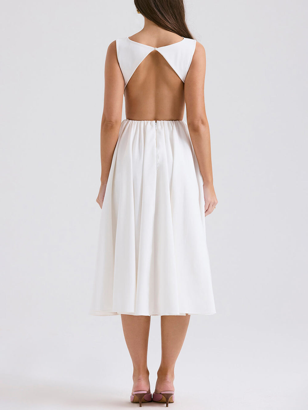 Stylish And Elegant Solid Color Round Neck Backless Sleeveless Midi Dress Mssaz Desses