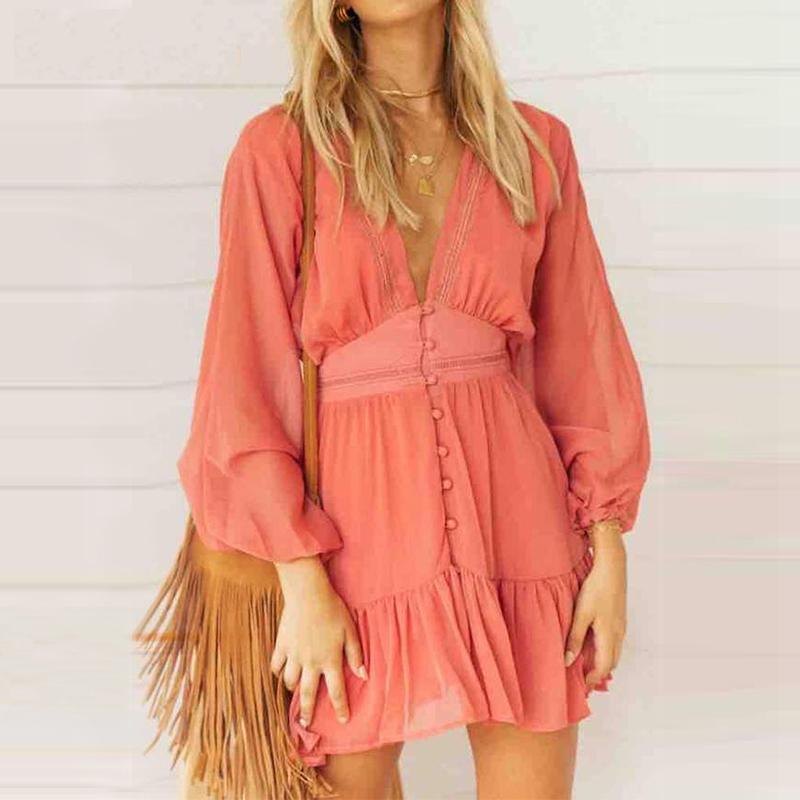 V Neck Spring  Dress Lace Long Sleeve Mini Party Dress Mssaz Desses