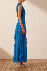 Eileen Pleated Round Neck Ruffle Maxi Dress Mssaz Desses