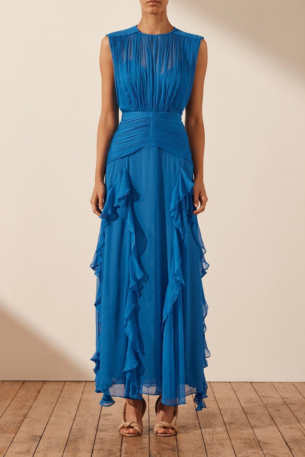 Eileen Pleated Round Neck Ruffle Maxi Dress Mssaz Desses