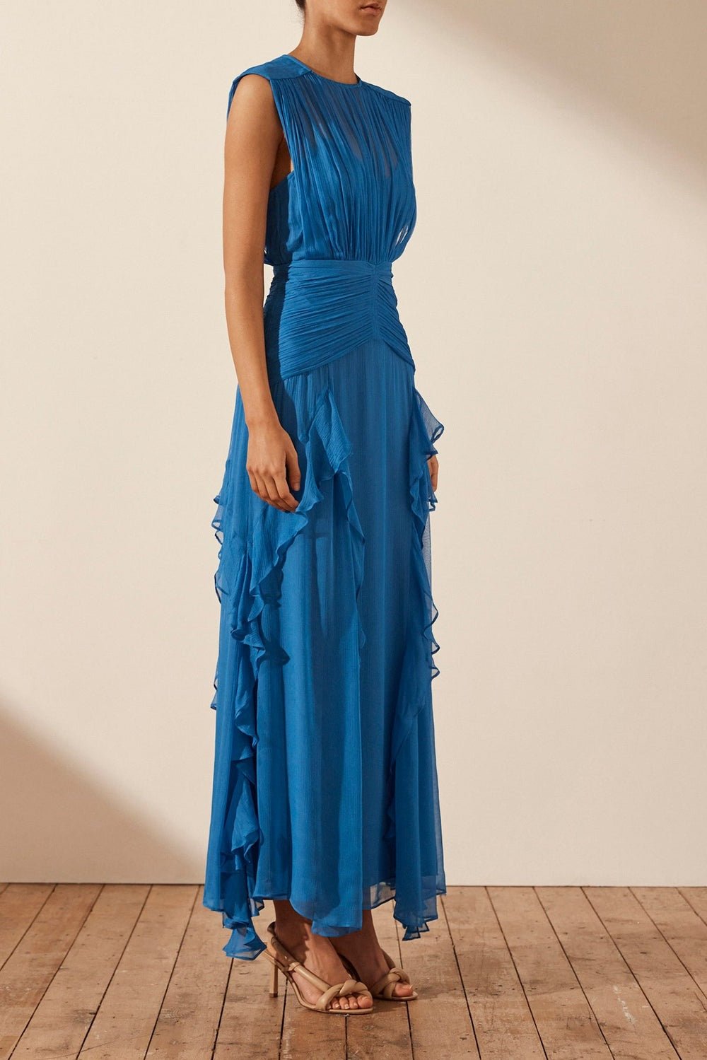 Eileen Pleated Round Neck Ruffle Maxi Dress Mssaz Desses