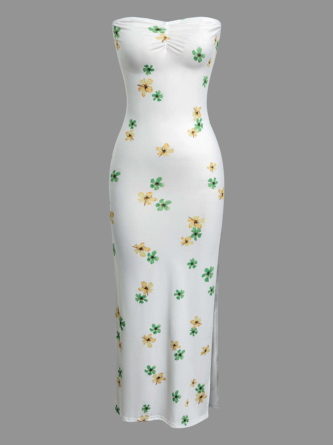 Floral Print Ruched Slit Strapless Maxi Dress Mssaz Desses