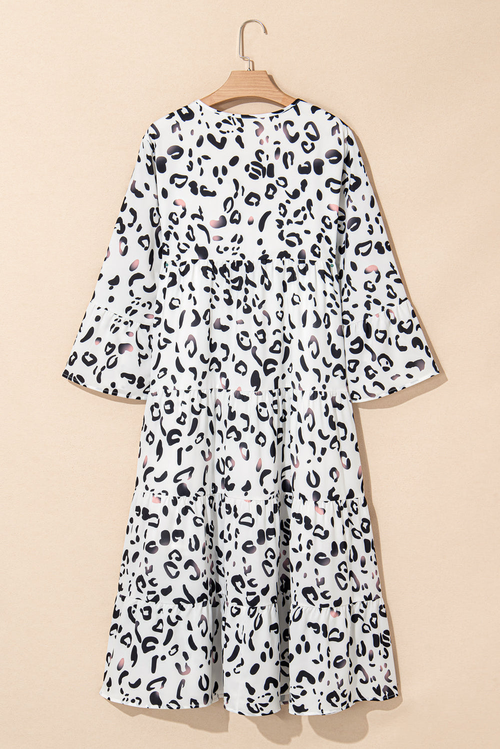 White Leopard Print Notch V Neck Loose Fit Maxi Dress Mssaz Desses