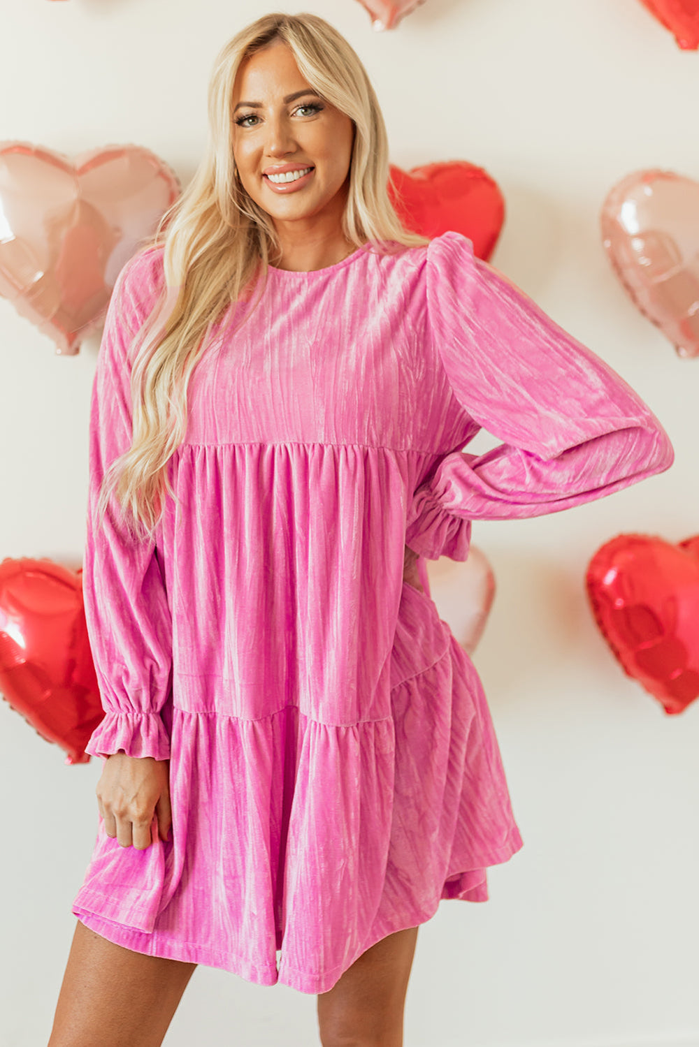 Strawberry Pink Flounce Sleeve Tiered Ruffled Velvet Mini Dress Mssaz Desses