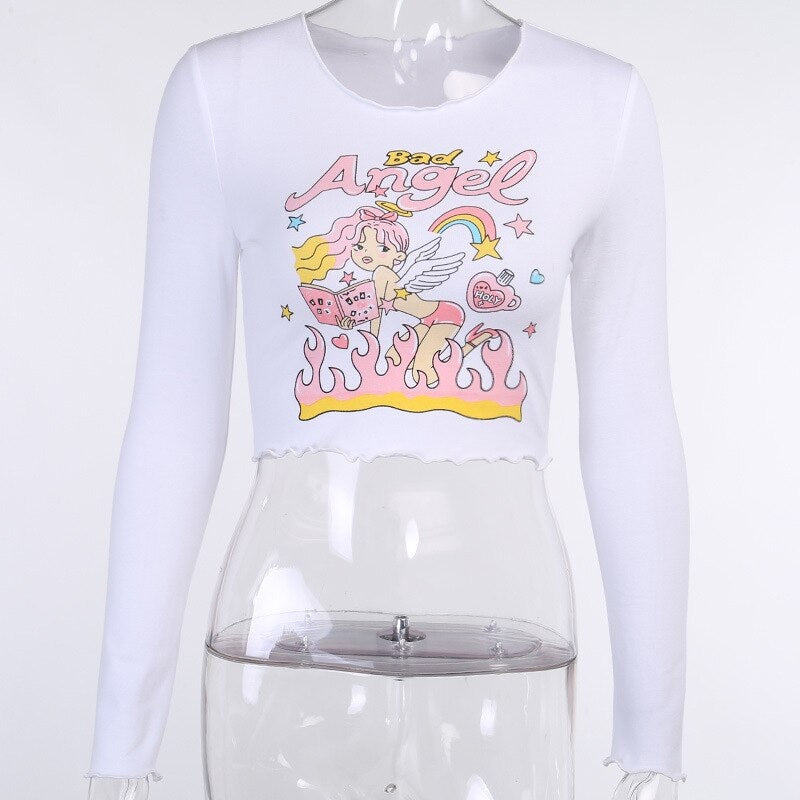 casual angel print fungus navel T-shirt Mssza