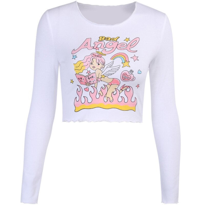 casual angel print fungus navel T-shirt Mssza