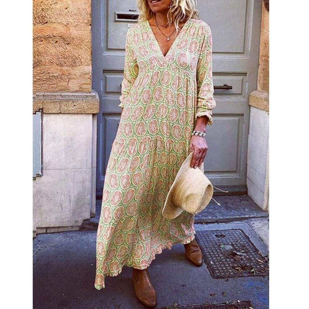 Boho Deep V Neck Floral Long Maxi Dress Mssaz Desses