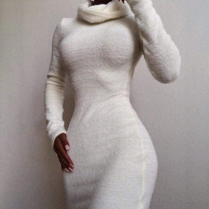 Winter Warm Long Sleeve Sweater Fleece Warm Basic Short Mini Dress Ladies Casual High Collar Slim Fit Dress Mssaz Desses