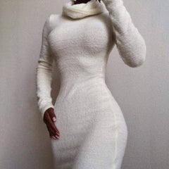Winter Warm Long Sleeve Sweater Fleece Warm Basic Short Mini Dress Ladies Casual High Collar Slim Fit Dress Mssaz Desses