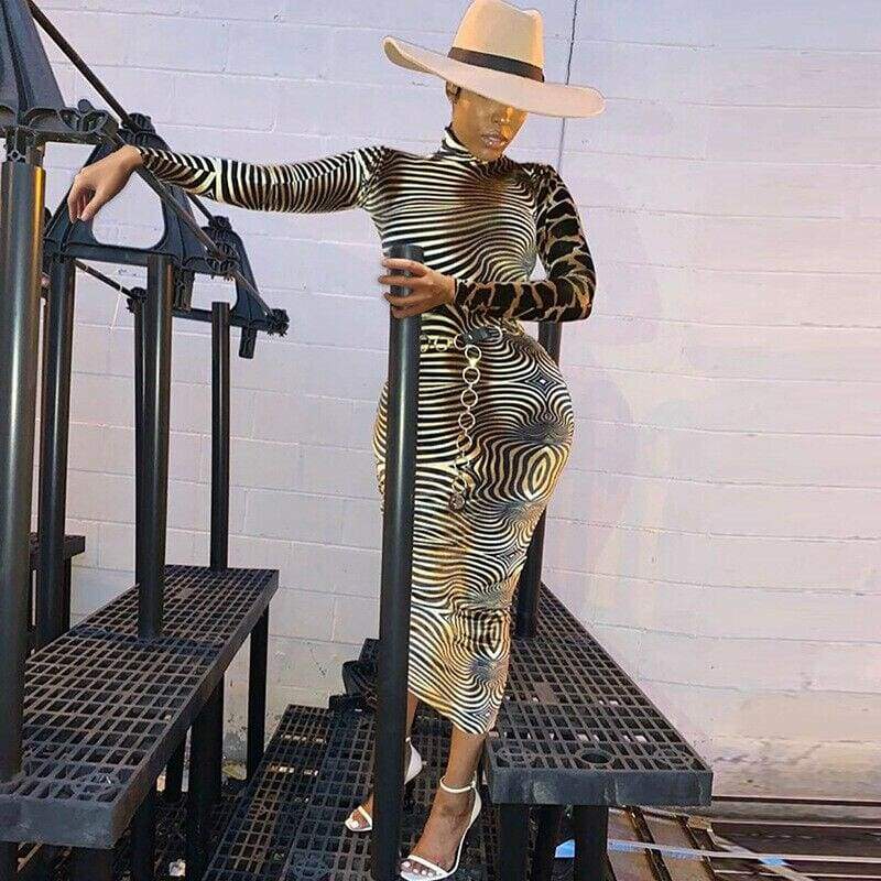 Long Sleeve Bodycon Dress  Ladies High Neck Party Slim Fitness Leopard Printed Dresses Mssaz Desses