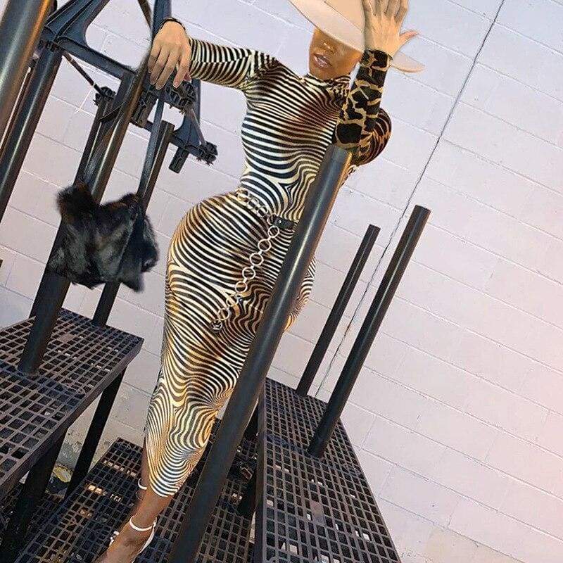 Long Sleeve Bodycon Dress  Ladies High Neck Party Slim Fitness Leopard Printed Dresses Mssaz Desses