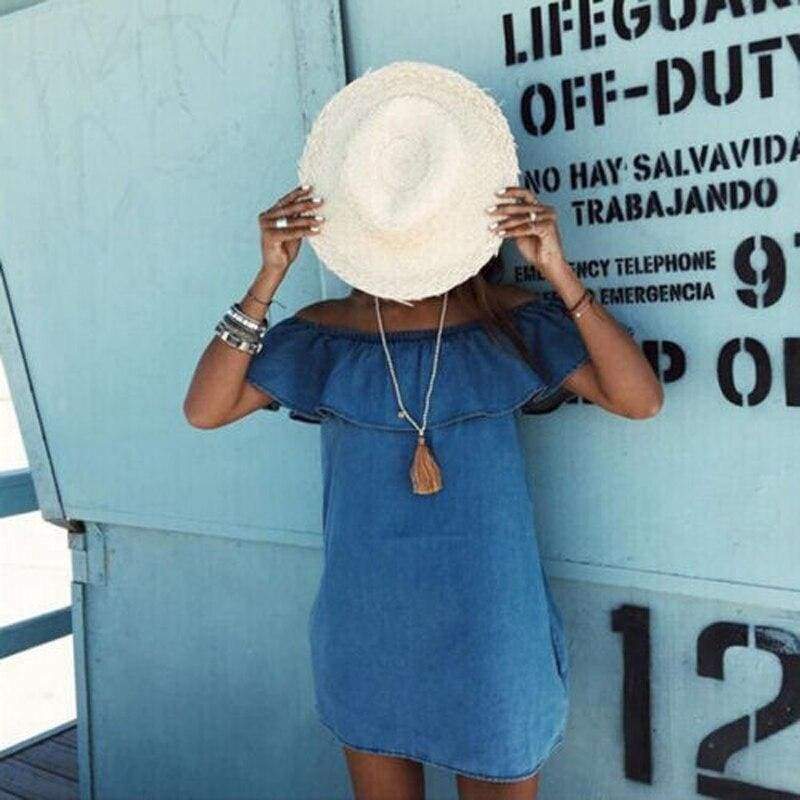 Fashon Casual  Beach Dress Denim Off Shoulder Ruffles Blue A-Line Mini Dress Outfit Party Sunsuit Mssaz Desses