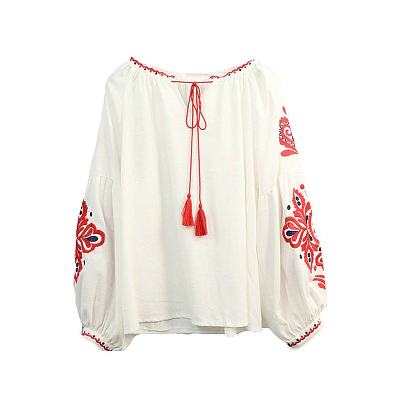 Floral Embroidery O-neck Long Sleeve Boho Shirts Mssza