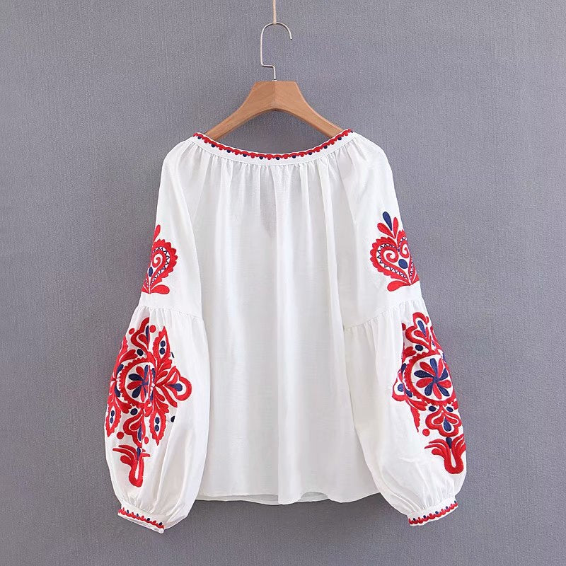 Floral Embroidery O-neck Long Sleeve Boho Shirts Mssza