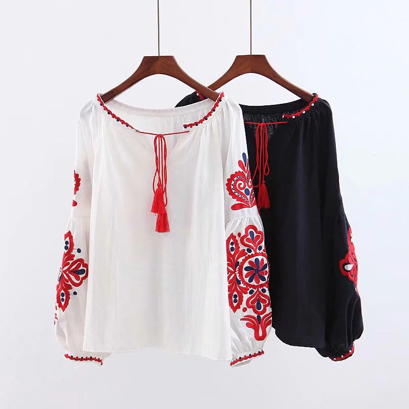 Floral Embroidery O-neck Long Sleeve Boho Shirts Mssza