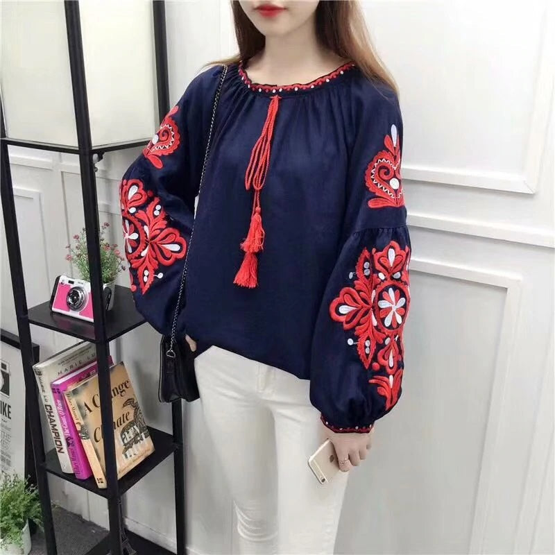 Floral Embroidery O-neck Long Sleeve Boho Shirts Mssza