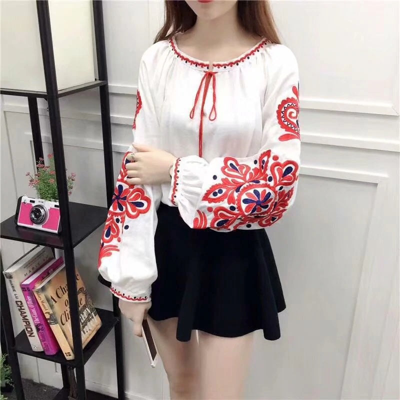 Floral Embroidery O-neck Long Sleeve Boho Shirts Mssza