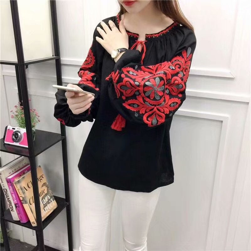 Floral Embroidery O-neck Long Sleeve Boho Shirts Mssza